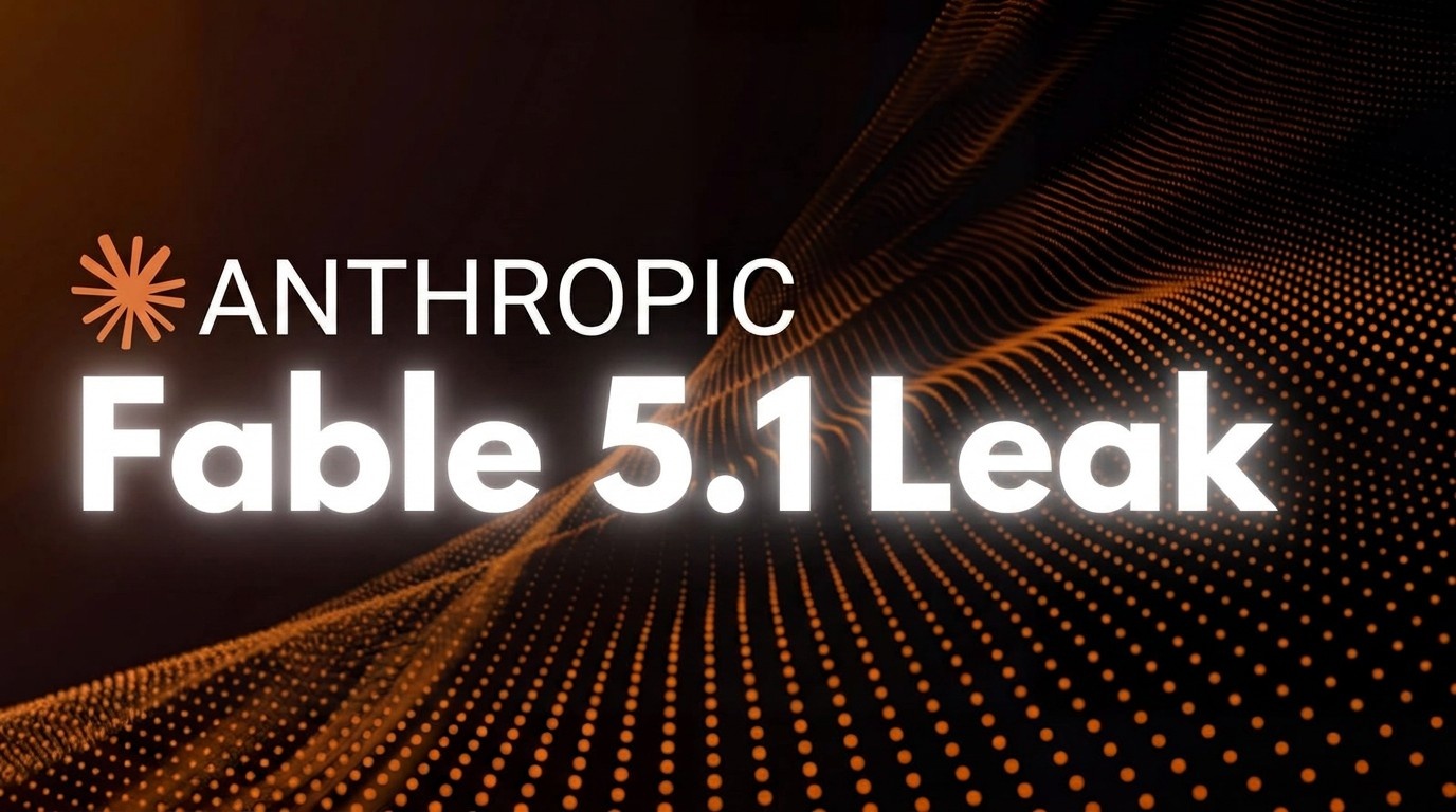 Das Anthropic-Logo und der Schriftzug Fable 5.1 Leak stehen vor einem geschwungenen Band aus orangefarbenen Lichtpunkten auf dunklem Grund