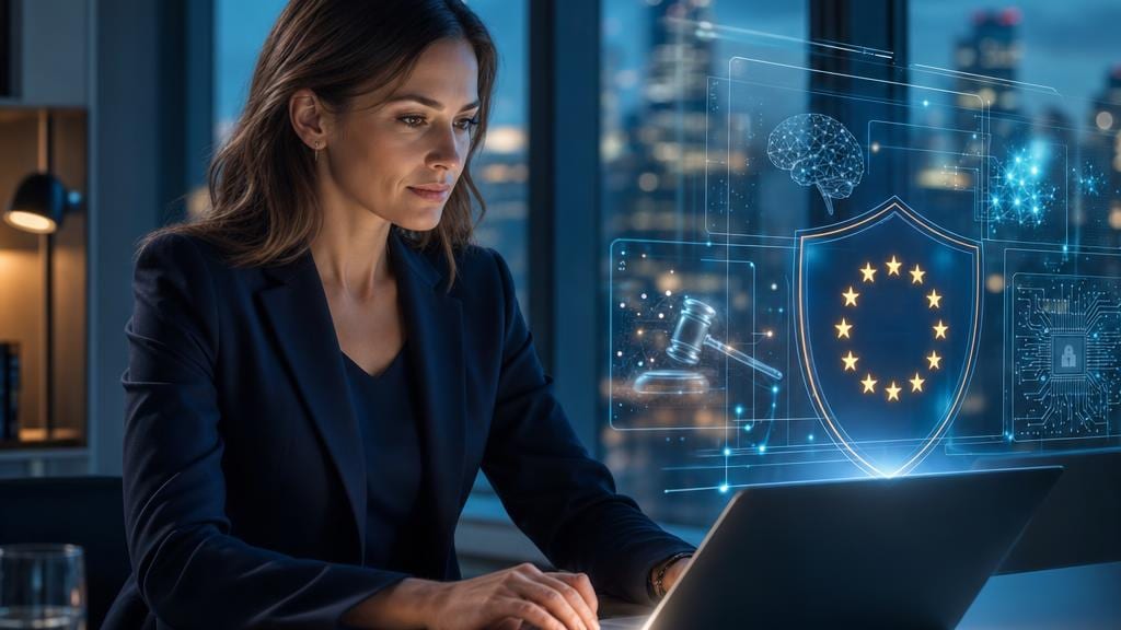 Frau im dunklen Blazer am Laptop vor einer Bürofensterfront, daneben ein holografisches Schild mit EU-Sternenkranz, Richterhammer und Gehirnsymbol