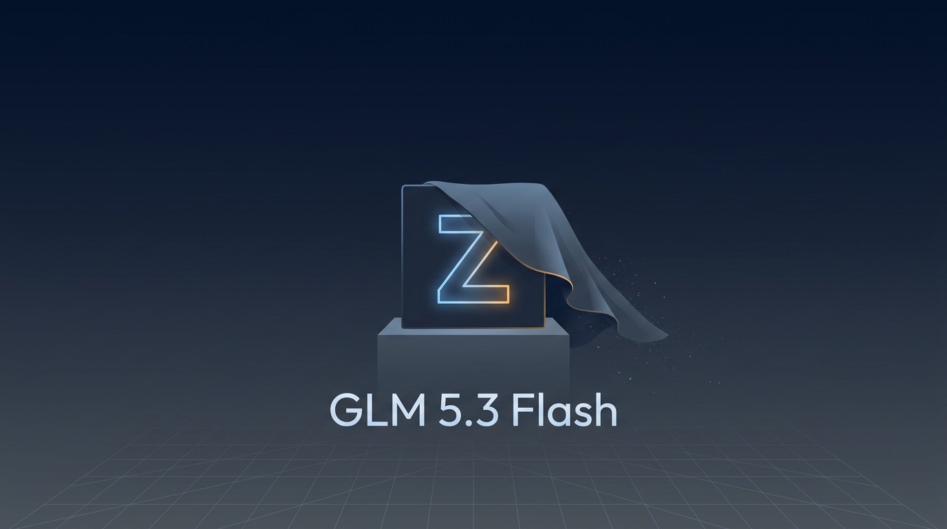 Ein zur Seite gleitendes Tuch gibt auf einem Sockel einen leuchtenden Buchstaben Z frei, darunter der Schriftzug GLM 5.3 Flash